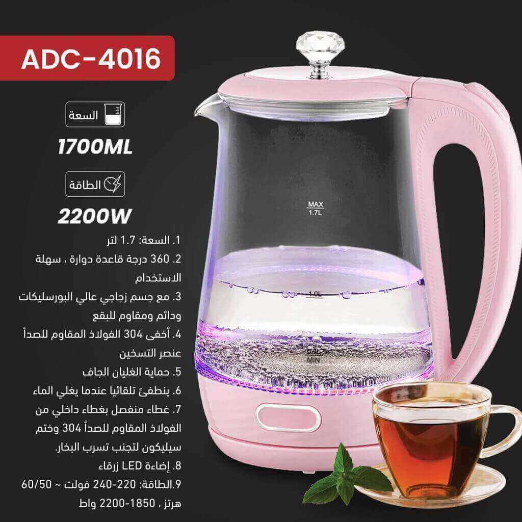 ابريق كهربائي اي دي سي 1.8 لتر زجاج زهري 4016