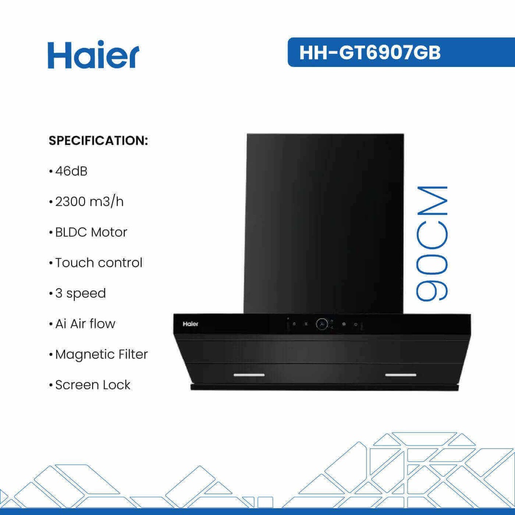 شفاط هاير مع مدخنة 90 سم زجاج اسود HH-GT6907GB
