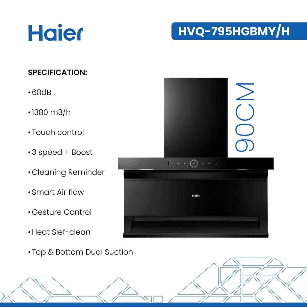 شفاط هاير مع مدخنة 90 سم زجاج اسود HVQ-795HGBMY/H