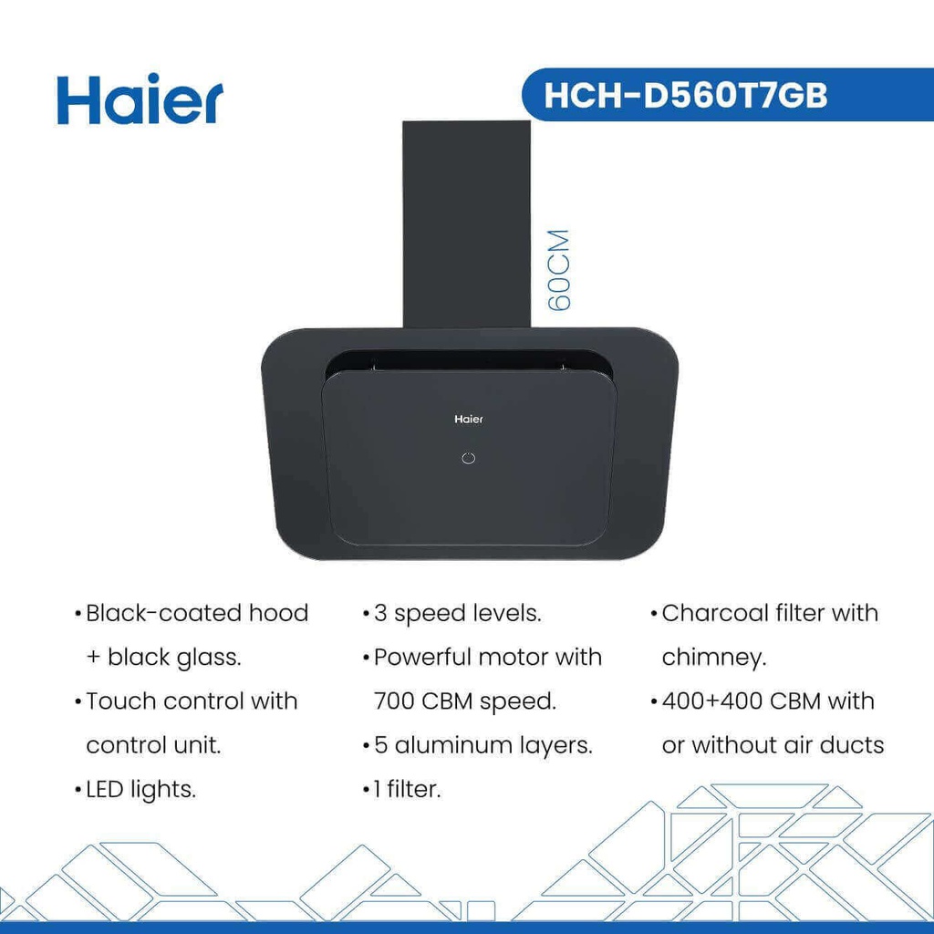 شفاط هاير مع مدخنة 60 سم زجاج اسود HCH-D560T7GB