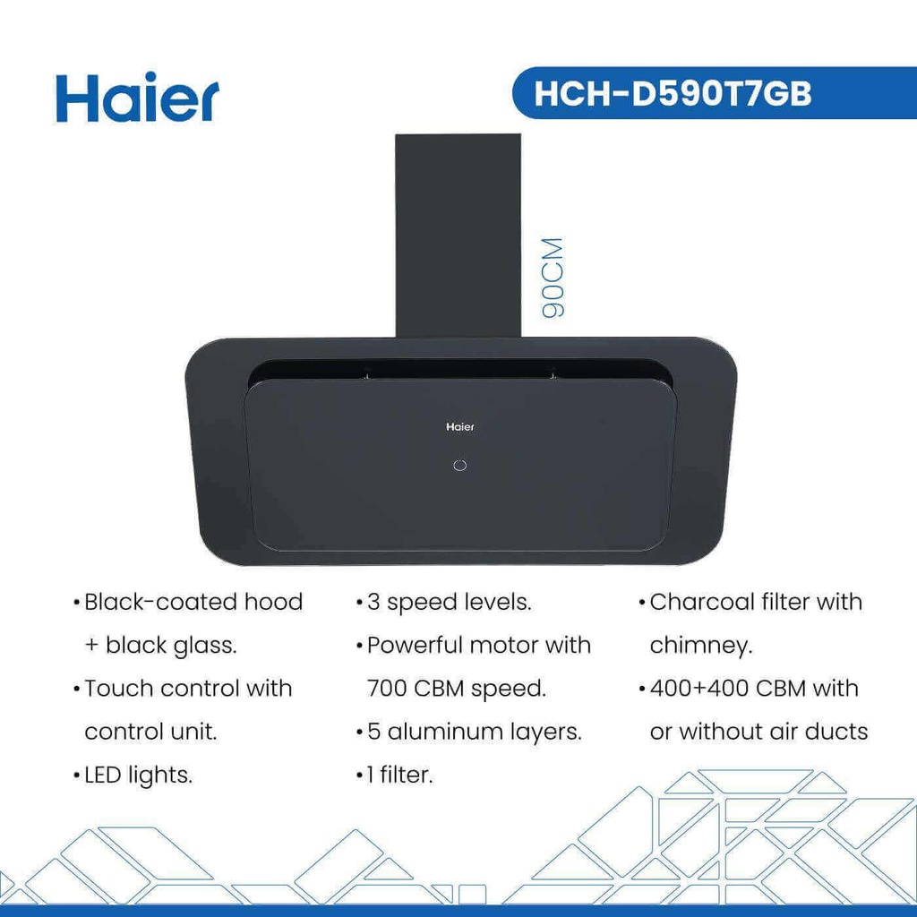 شفاط هاير مع مدخنة 90 سم زجاج اسود HCH-D590T7GB