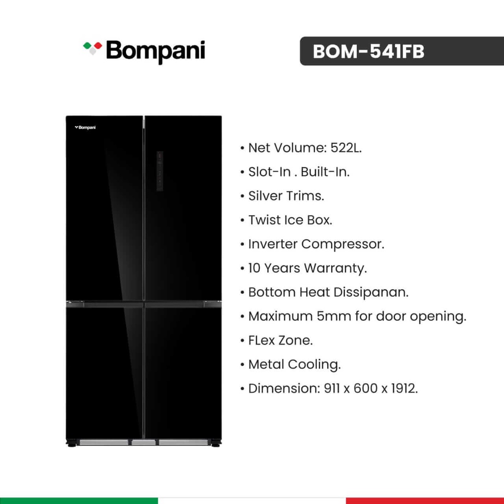 ثلاجة بمباني 4 ابواب 522 لتر زجاج اسود BOM-541FB (Slot-in)
