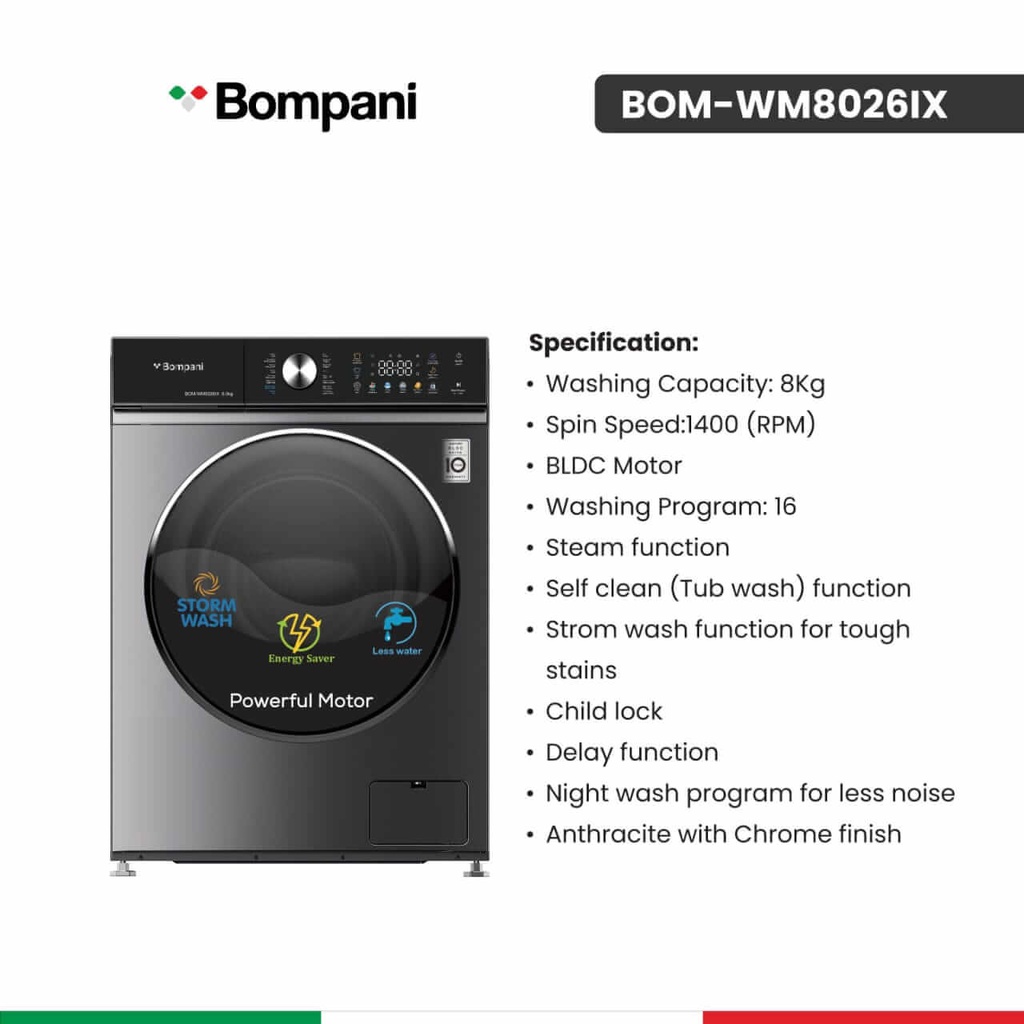 غسالة بمباني 8 كيلو ستانلس BOM-WM8026IX
