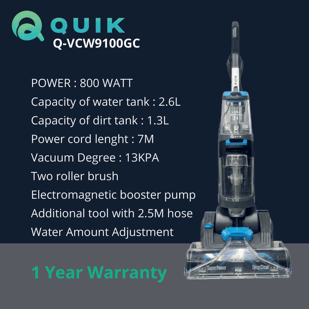 مكنسة غسيل السجاد كويك 800 واط رمادي/سماوي Q-VCW9100GC