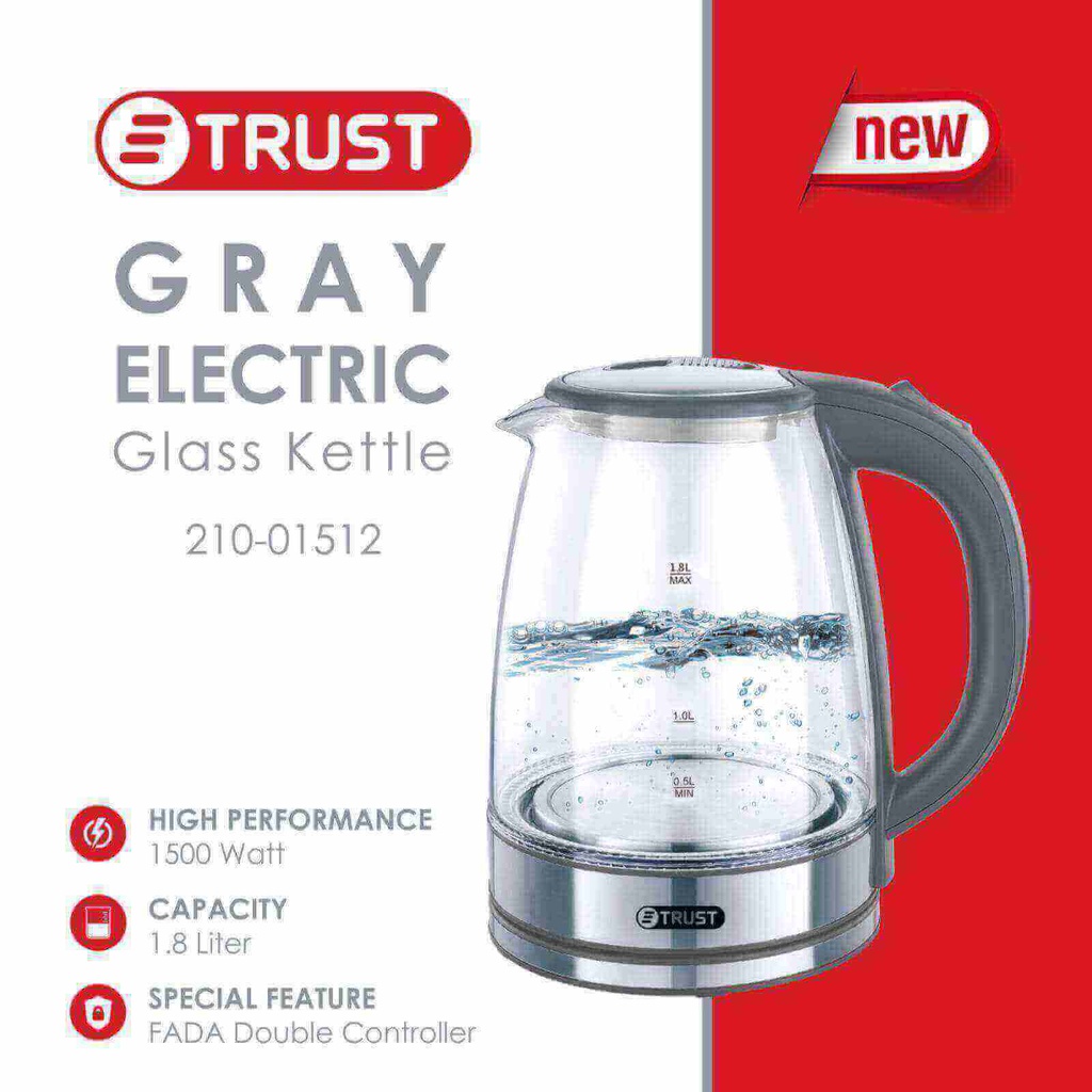 ابريق كهربائي تراست 1.8 لتر زجاج رمادي 01512-210