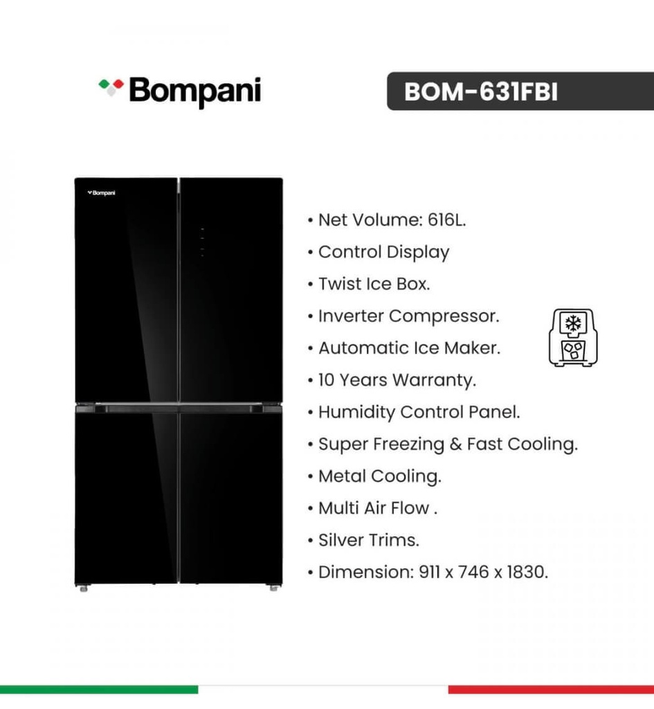ثلاجة بمباني 4 ابواب 616 لتر مع صانع ثلج زجاج اسود BOM-631FBI