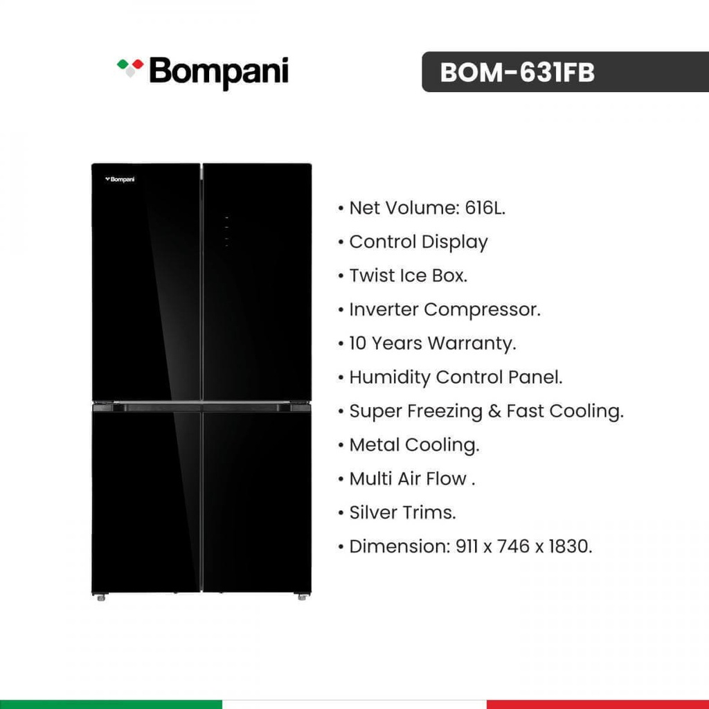 ثلاجة بمباني 4 ابواب 616 لتر زجاج اسود BOM-631 FB