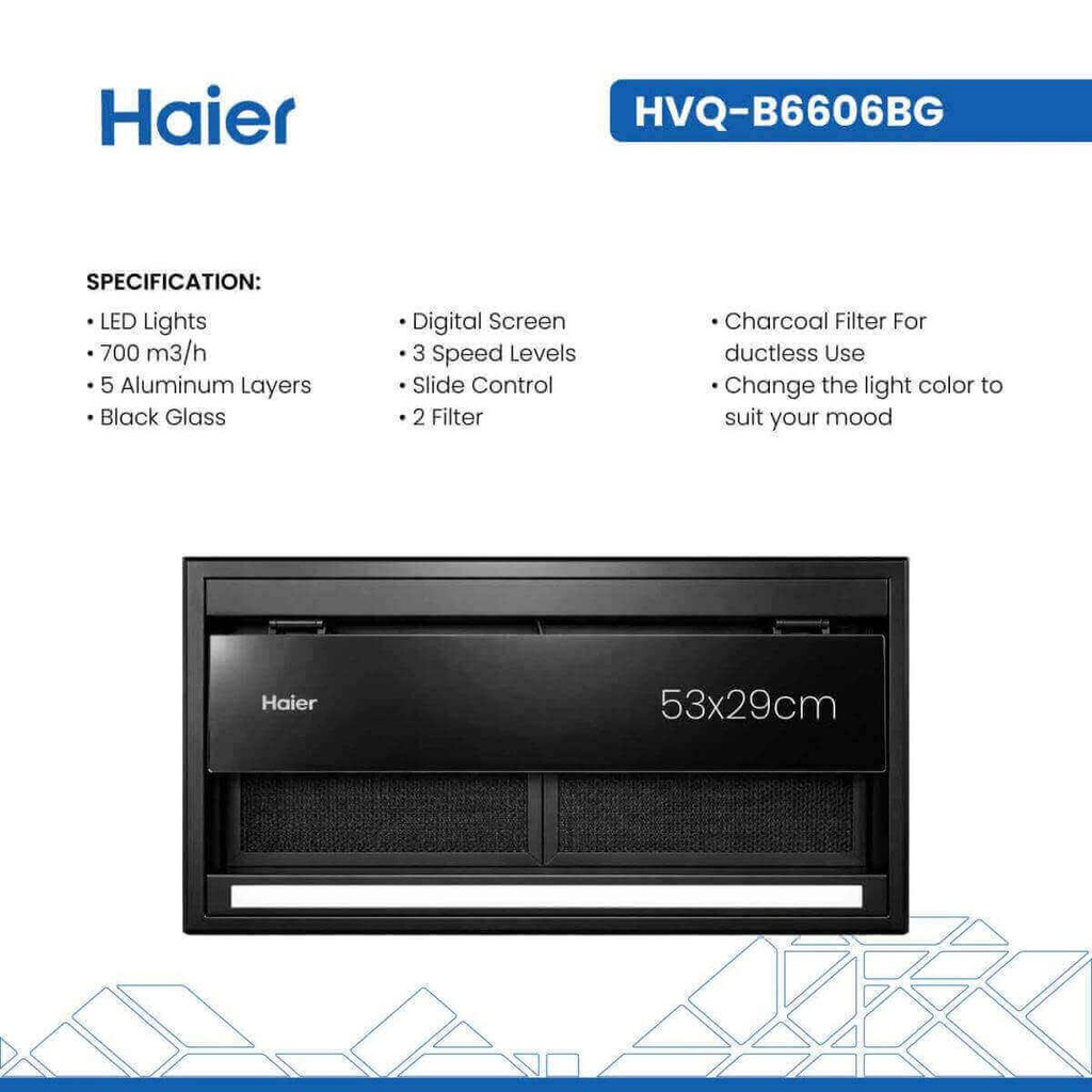 شفاط هاير مدمج 53 سم زجاج اسود HVQ-B6606BG