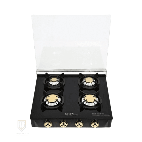Gold Vision Gas Hobs GA-444 60cm Copper Burners Black Glass with Lid