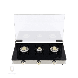 [7600048] طباخ غاز جولد فيجن 3 عيون نحاس زجاج اسود مع غطاء GA-333